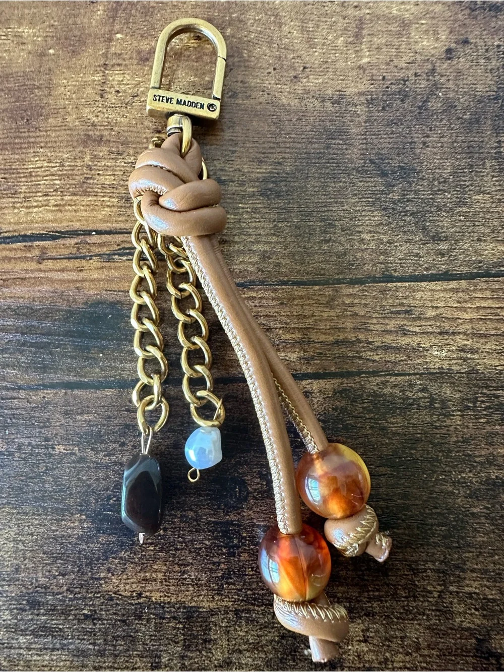 Steve Madden Tan Faux Leather, Chain and Bead Keychain Bag Charm NWOT